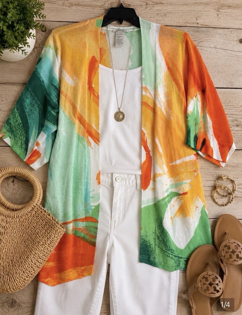 NEW Chico's Abstract Print Open Front Cardigan Tunic Midi Luxury European Top M